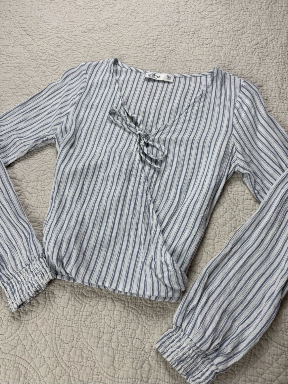 Hollister Blue and White Striped Tie-Front Wrap Long Sleeve Blouse